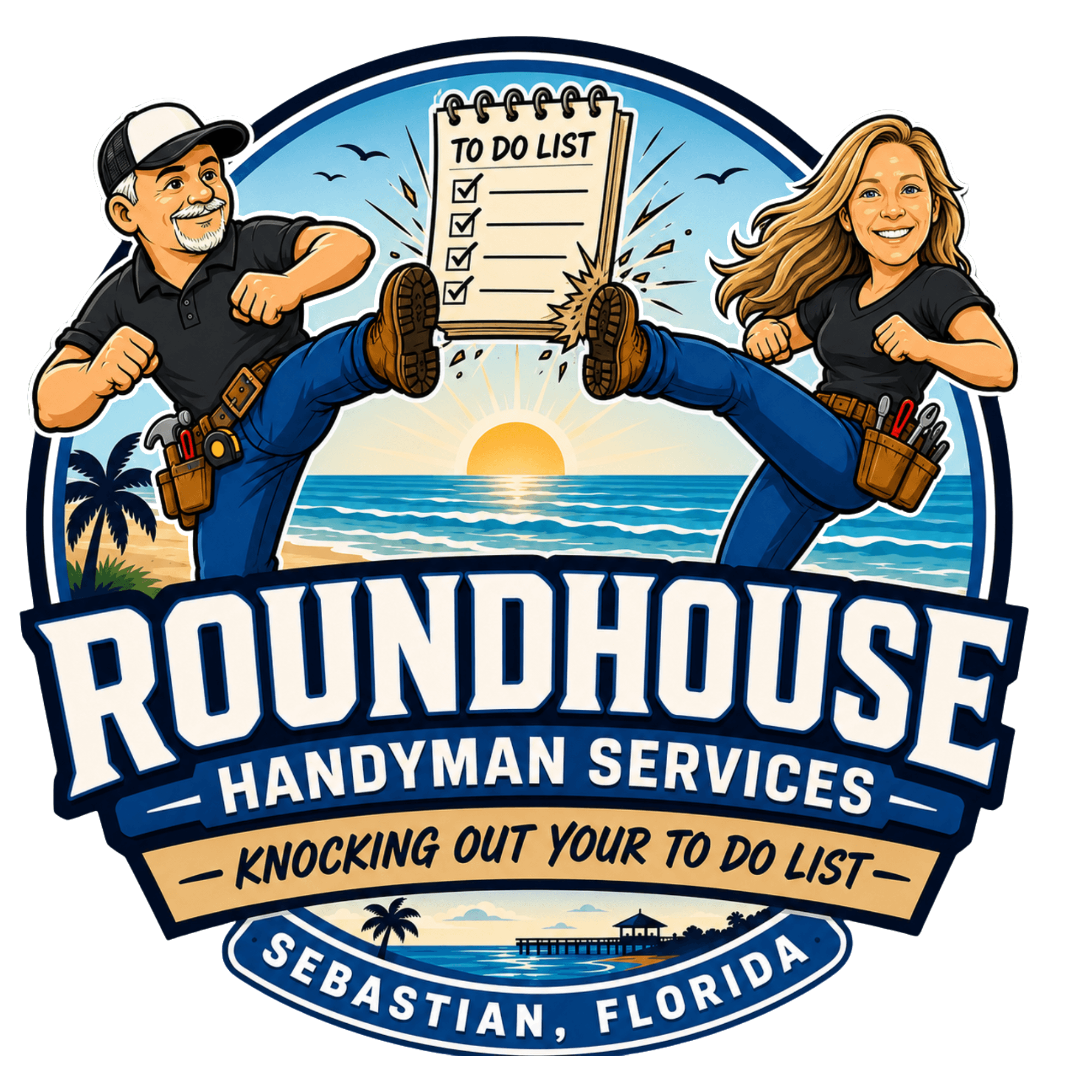 Roundhouse Handyman Services — handyman mascot illustration with Sebastian, Florida coastline